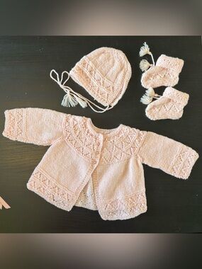 Free shipping! Hand-Knit Baby Matching Set - Soft Light Pink vest, Hat & Booties